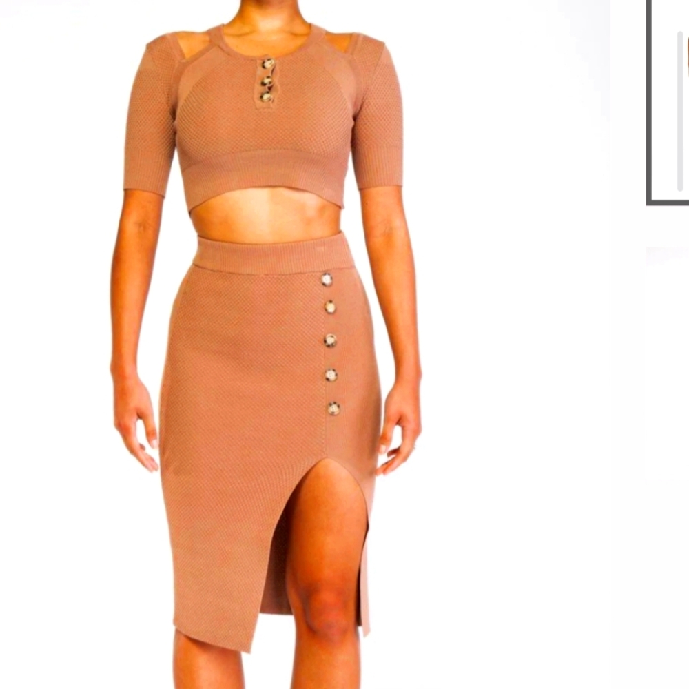 Rehab Lab 2pc Set-  Cold Shoulder Knit Top And Skirt- Beige - Nude Size Med